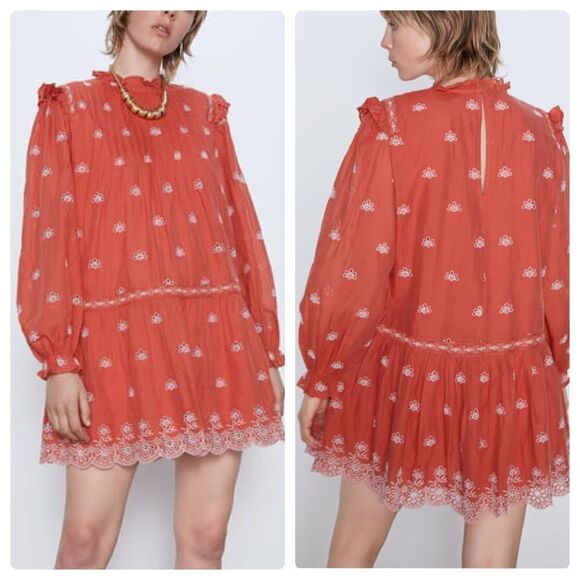 Coral Embroidered Dress ZARA NWT - Picture 1 of 8
